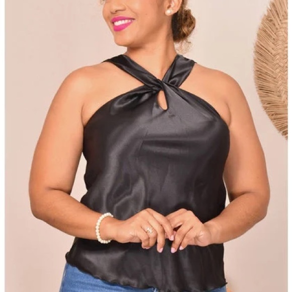 TASH + SOPHIE black satin like top halter knotted top size Large - Picture 2 of 6